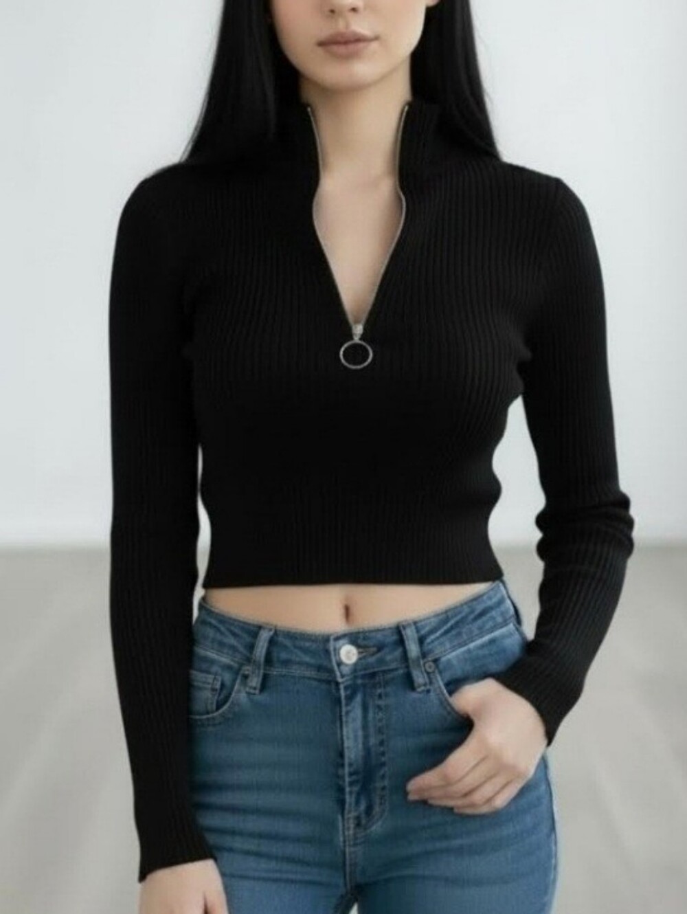 Love Tree Black Ribbed Zip-Up Mock Neck Crop Top - Picture 2 of 6